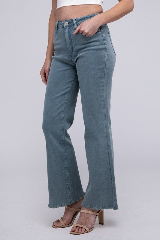 Zenana Acid Washed Frayed Cutoff Hem Straight Wide Pants