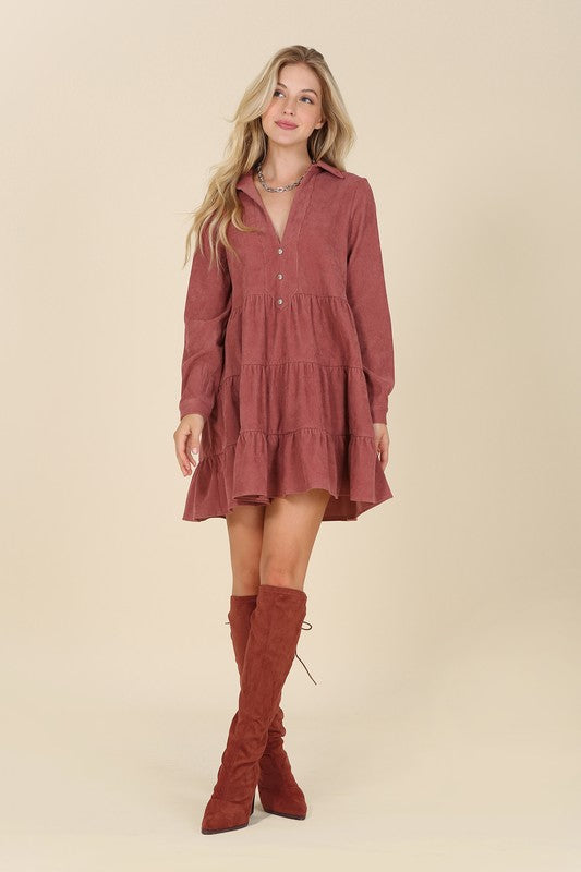 Lilou Long Sleeve Corduroy Tiered Collared Deep V-Neck Dress