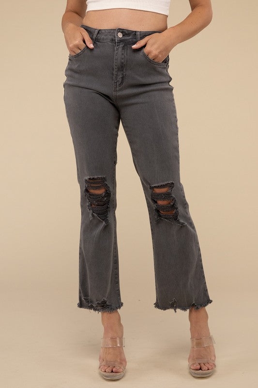 Zenana Acid Washed High Waist Distressed Straight Pants