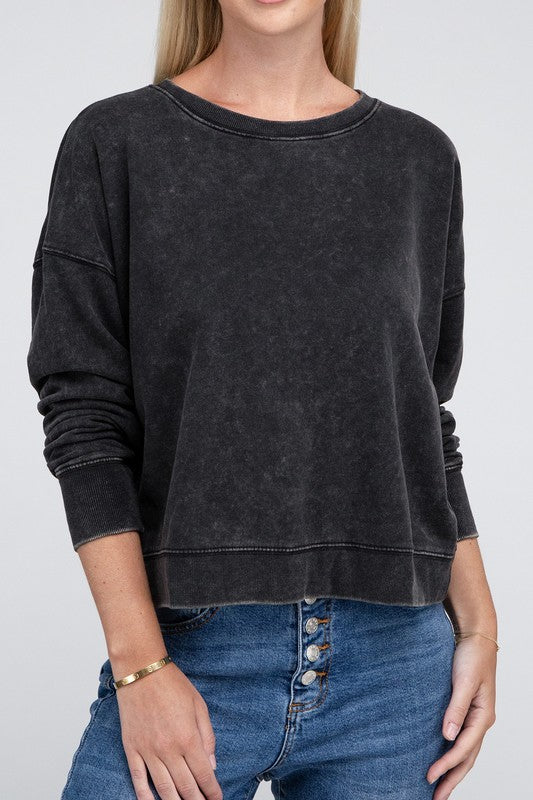 Zenana French Terry Acid Wash Boat Neck Pullover Sweatshirt