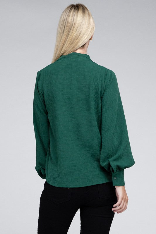 Zenana Woven Airflow V-Neck Long Sleeve Top