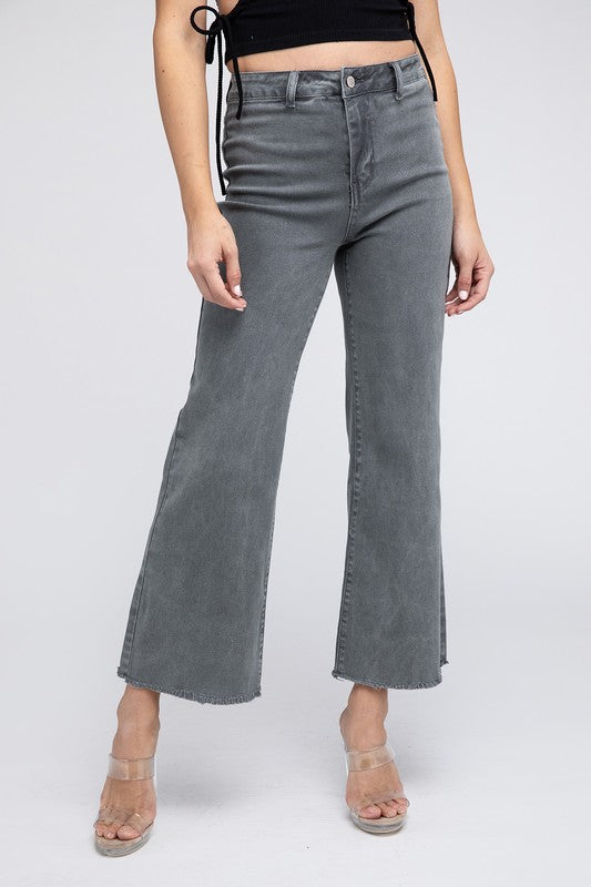 Zenana Acid Wash Colored Straight Wide Leg Jeans with Frayed Cutoff Hem