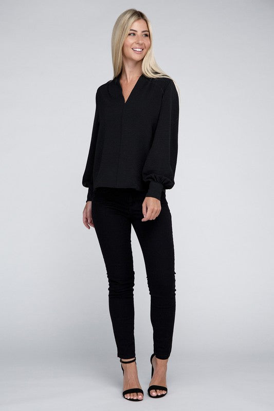 Zenana Woven Airflow V-Neck Long Sleeve Top