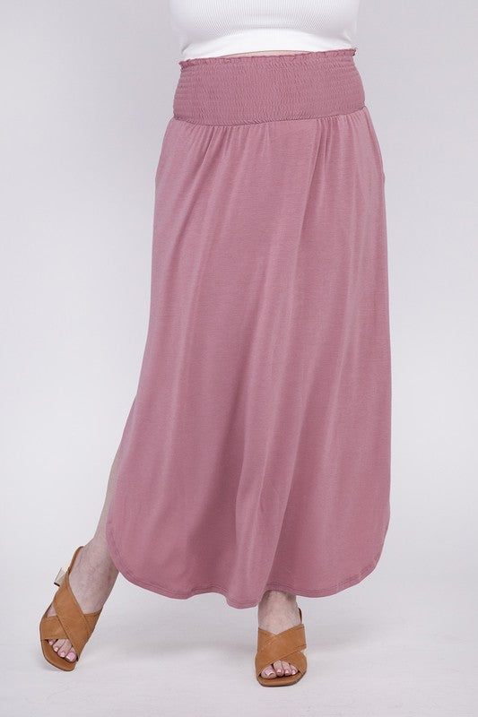 ZENANA Plus Smocked Waist Side Slit Maxi Skirt with Pockets