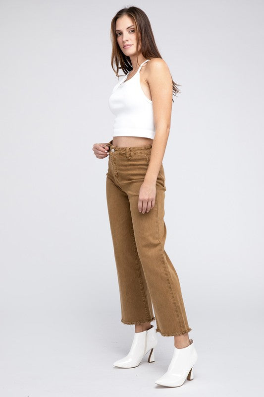 Zenana Acid Wash Colored Straight Wide Leg Jeans with Frayed Cutoff Hem