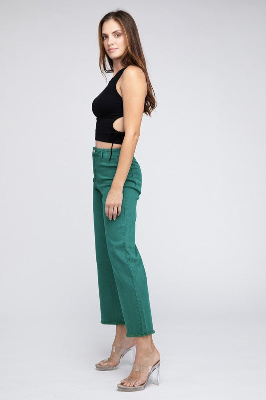 Zenana Acid Wash Colored Straight Wide Leg Jeans with Frayed Cutoff Hem