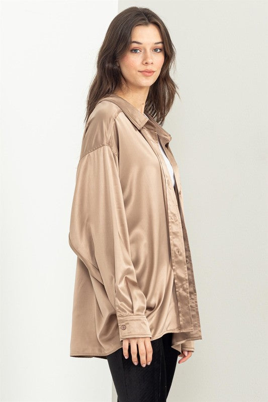 Hyfve Completely Charmed Oversized Satin Button-Up Shirt