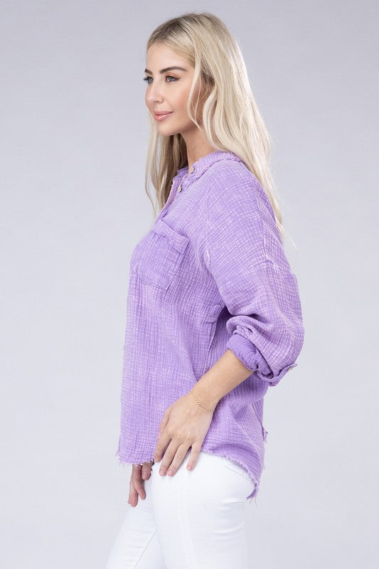 Zenana Washed Double Gauze Button Down Shirt