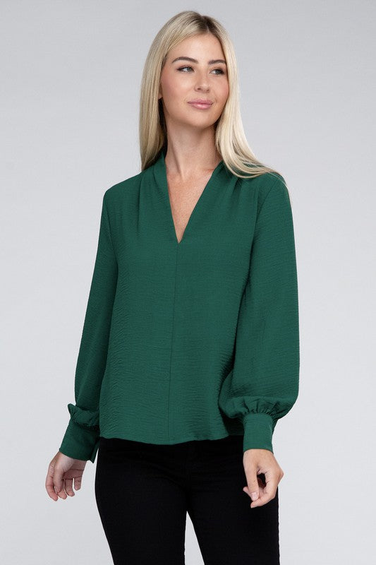 Zenana Woven Airflow V-Neck Long Sleeve Top