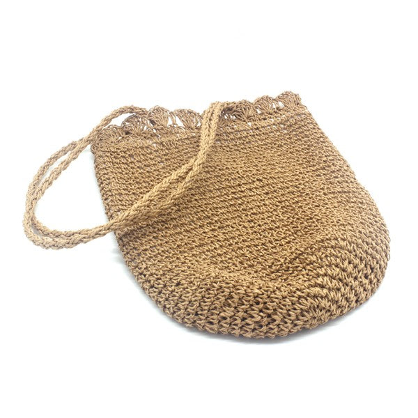 Straw Bucket Woven Beach Bag, Natural Camel