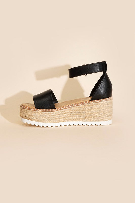 SODA Raffia Platform Sandal with Ankle Straps