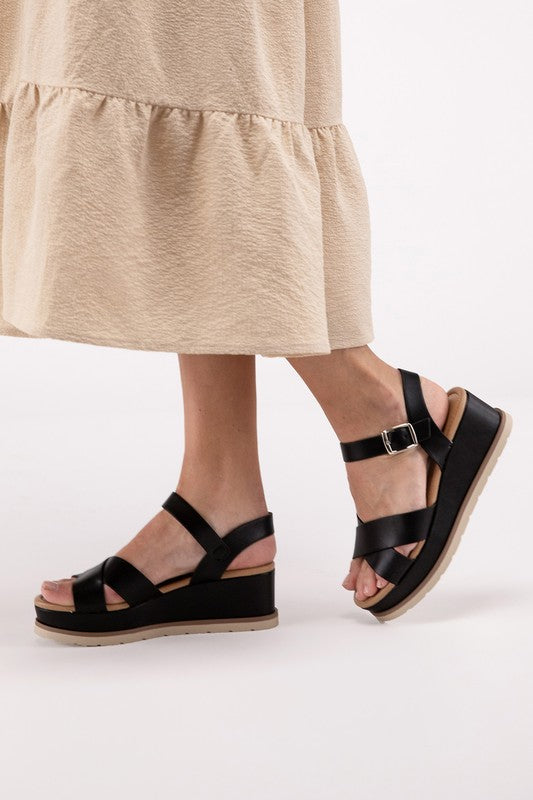 SODA Clever Criss Cross Strap Platform Wedge Sandals with Buckle