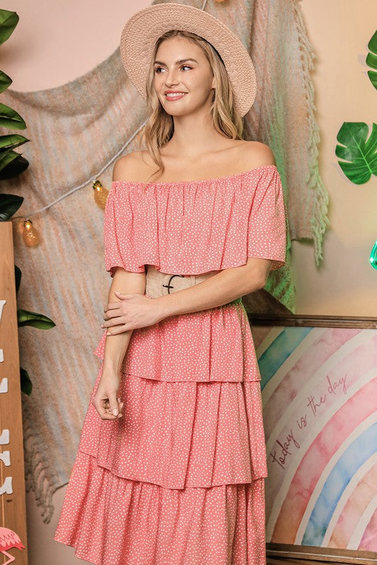 Off the Shoulder Three Layers Ruffle Midi Dress