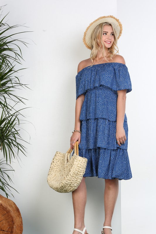 Off the Shoulder Three Layers Ruffle Midi Dress