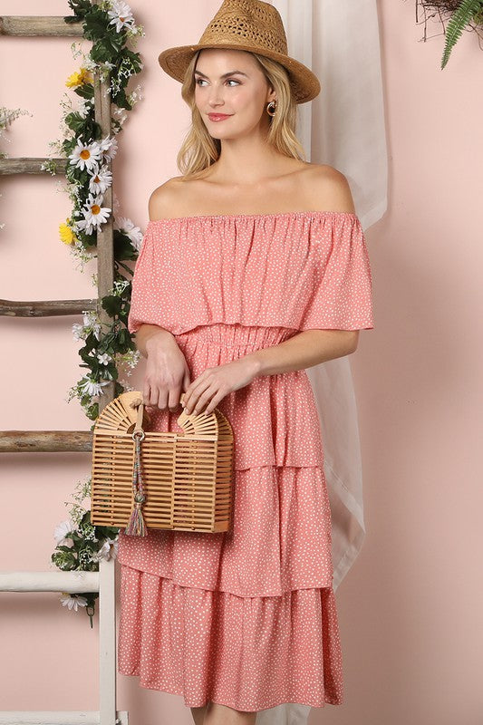 Off the Shoulder Three Layers Ruffle Midi Dress