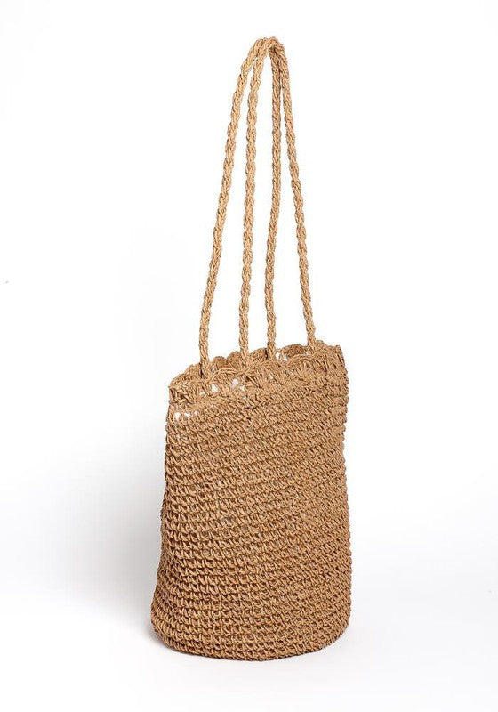 Straw Bucket Woven Beach Bag, Natural Camel