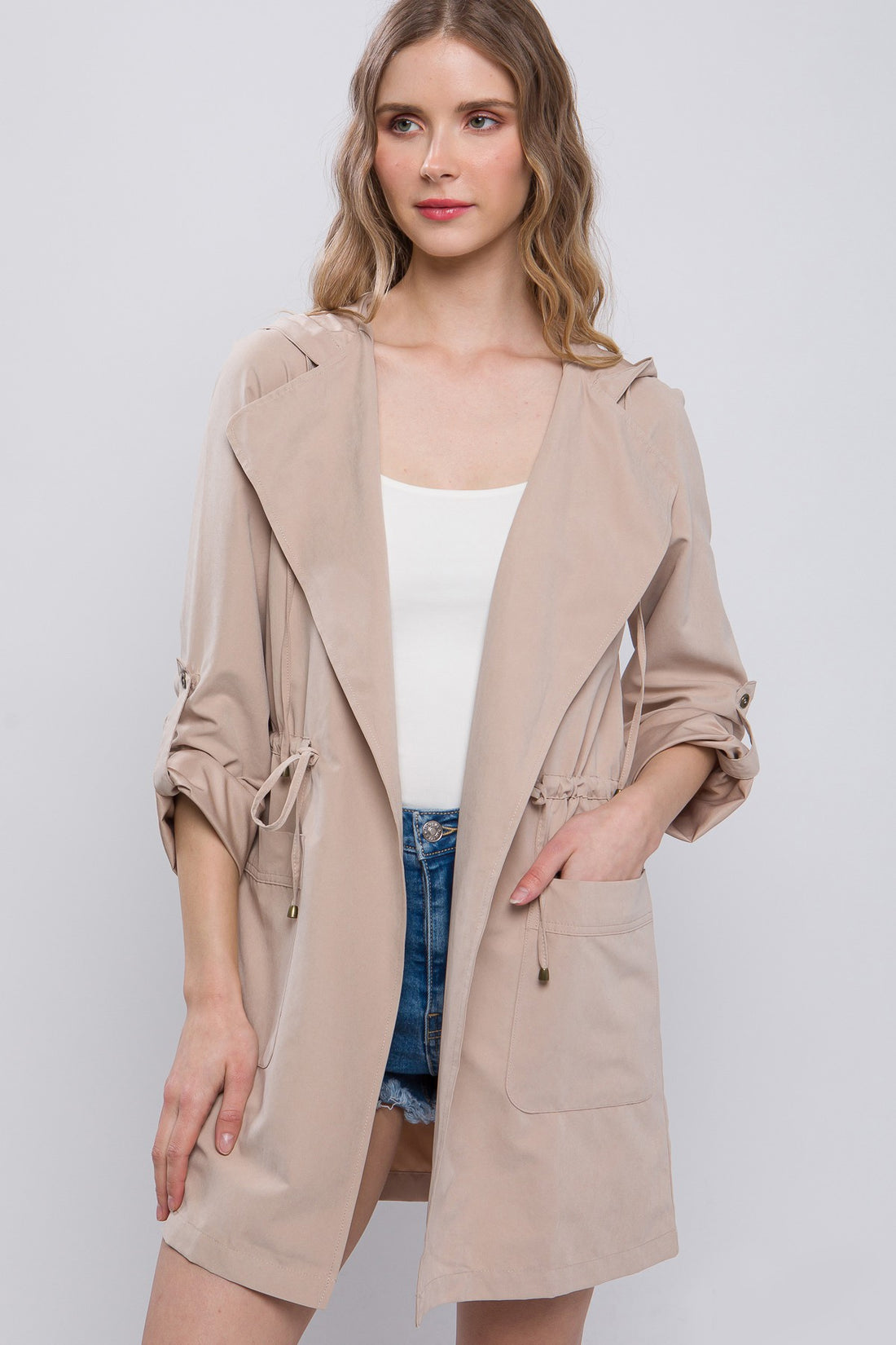 Love Tree Oversized Hooded Long Line Trench Jacket Coat, Khaki