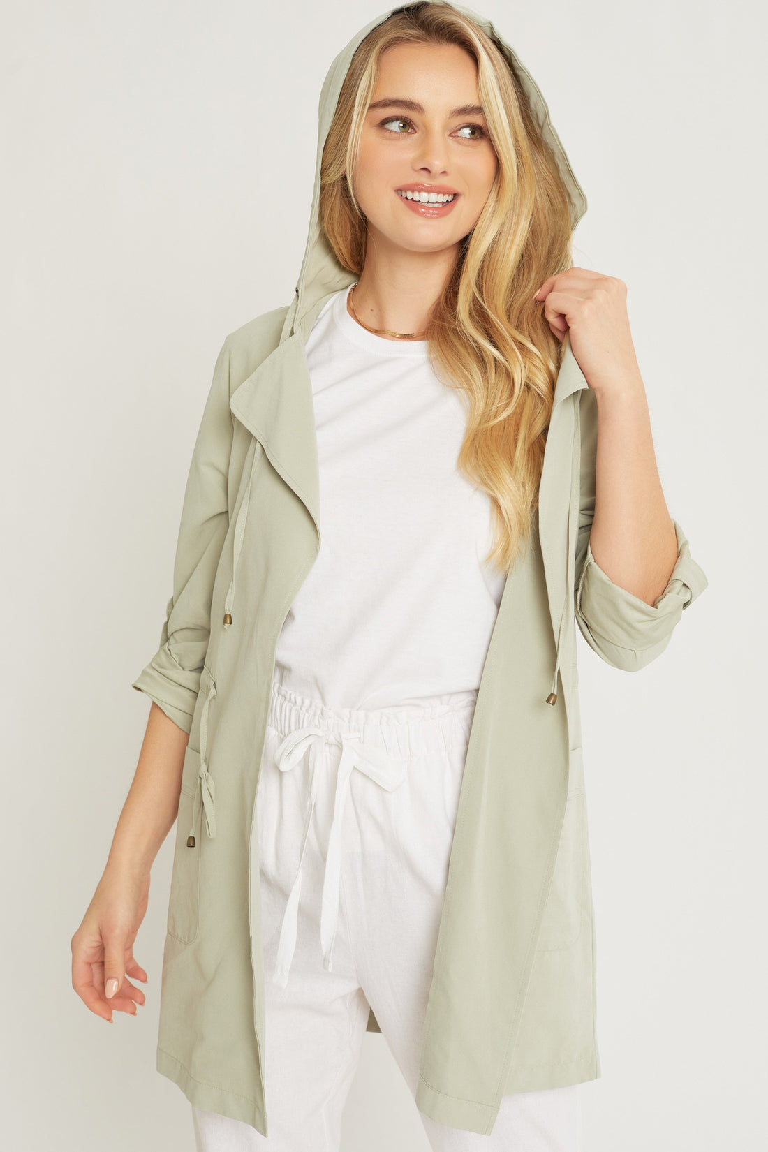 Love Tree Oversized Hooded Long Line Trench Jacket Coat, Light Moss