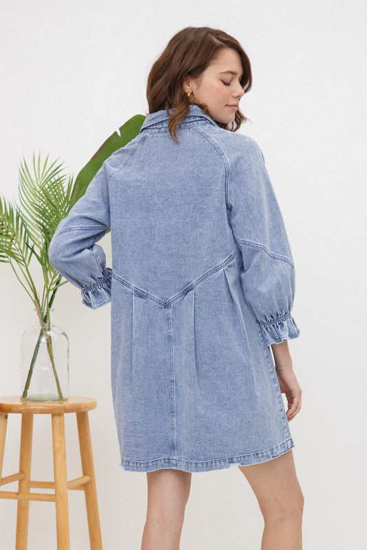 Blue B Washed Denim Babydoll Button-Up Dress with 3/4 Sleeves