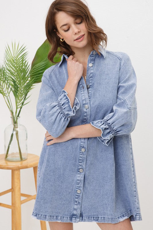 Blue B Washed Denim Babydoll Button-Up Dress with 3/4 Sleeves