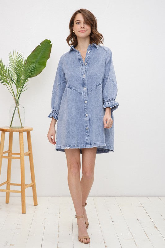 Blue B Washed Denim Babydoll Button-Up Dress with 3/4 Sleeves