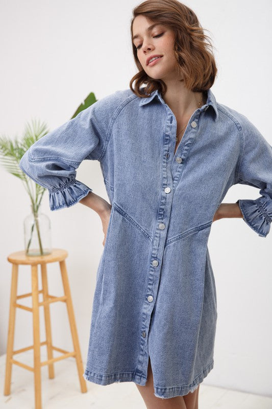 Blue B Washed Denim Babydoll Button-Up Dress with 3/4 Sleeves