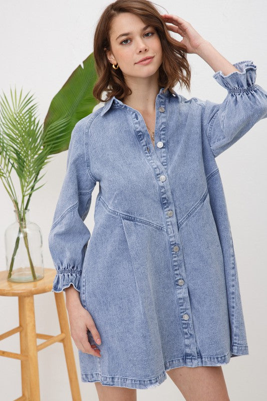 Blue B Washed Denim Babydoll Button-Up Dress with 3/4 Sleeves