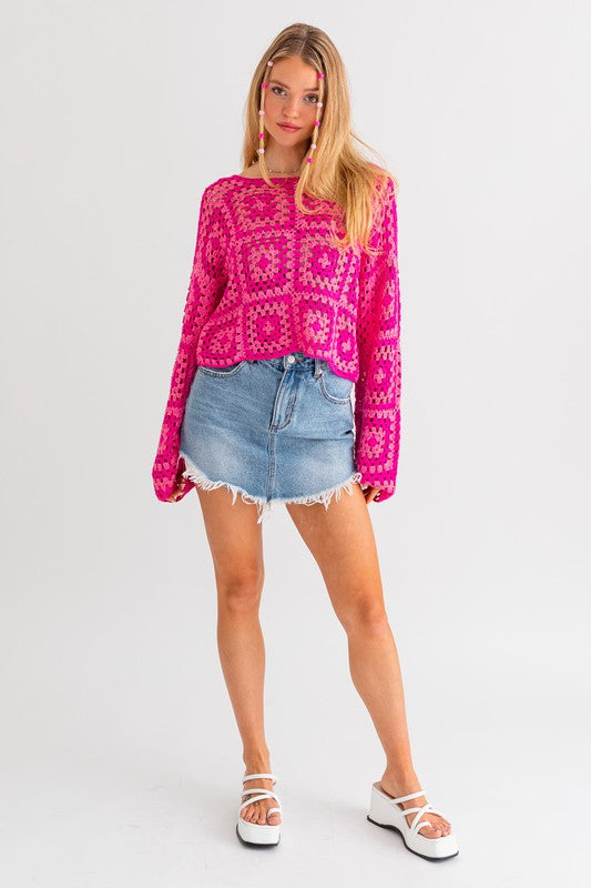 LE LIS Long Sleeve Crochet Sweater Top, Pink