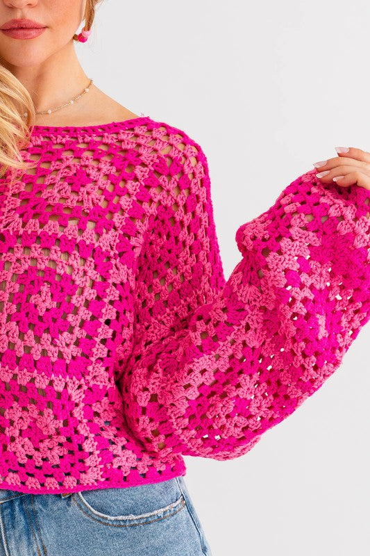 LE LIS Long Sleeve Crochet Sweater Top, Pink