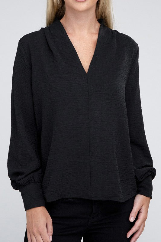 Zenana Woven Airflow V-Neck Long Sleeve Top