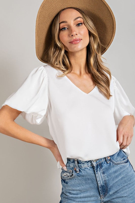 ee:some V-Neck Puff-Sleeve Blouse