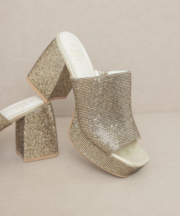 Oasis Society Crystal Sparkling Platform Chunky Slides, Gold Glitter