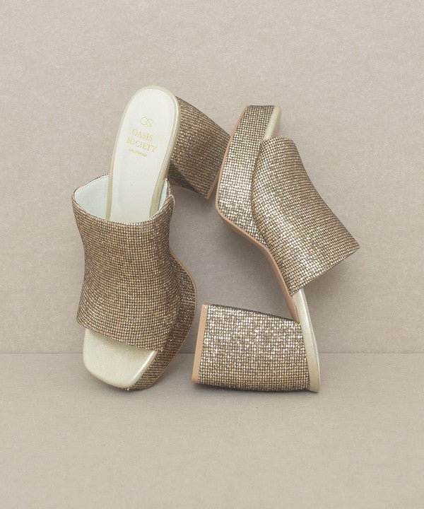 Oasis Society Crystal Sparkling Platform Chunky Slides, Gold Glitter