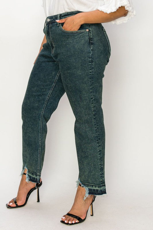 ARTEMIS VILLAGE Plus High Rise Stretch Straight Jeans Distressed Hem