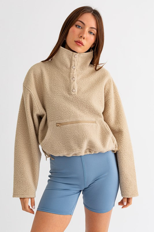 Le Lis Boxy Fleece Snap Collar Pullover Sweatshirt with Kangaroo Pocket and Front Zipper