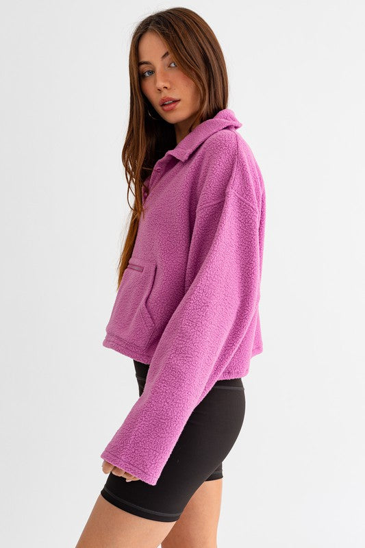 Le Lis Boxy Fleece Snap Collar Pullover Sweatshirt with Kangaroo Pocket and Front Zipper