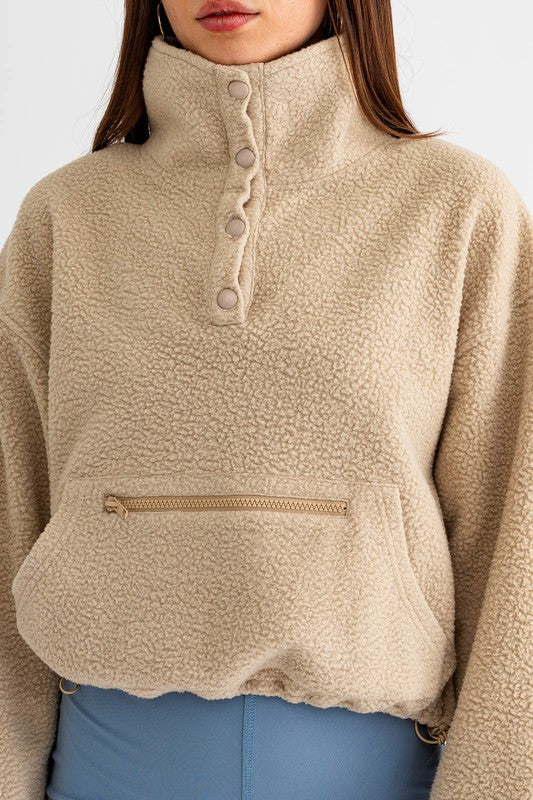 Le Lis Boxy Fleece Snap Collar Pullover Sweatshirt with Kangaroo Pocket and Front Zipper