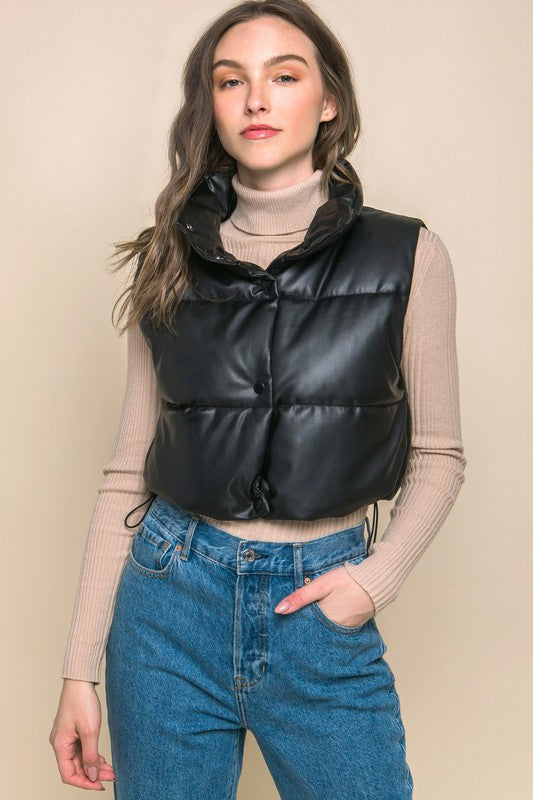 Love Tree Cropped Faux Leather Puffer Vest with Snap Buttons