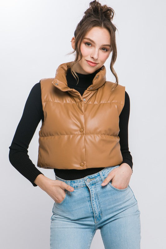 Love Tree Cropped Faux Leather Puffer Vest with Snap Buttons