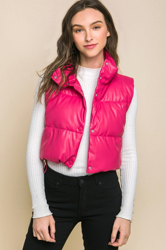 Love Tree Cropped Faux Leather Puffer Vest with Snap Buttons