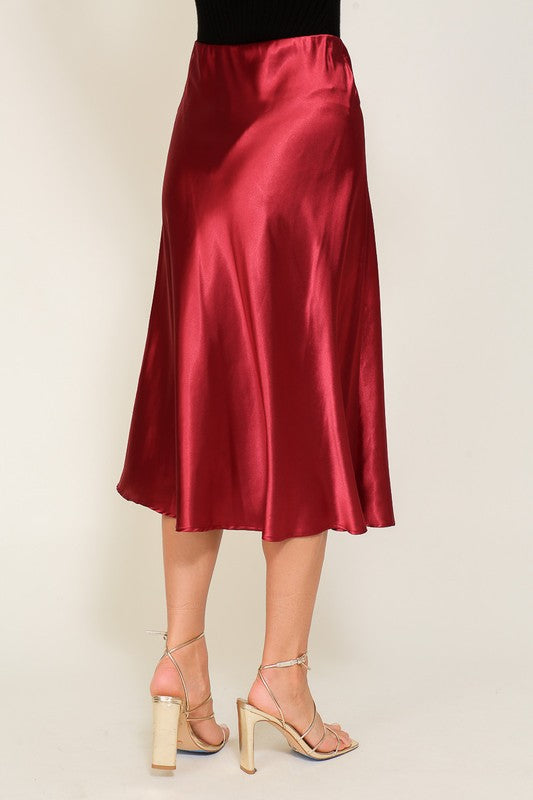 Satin Midi Flare Skirt, Red