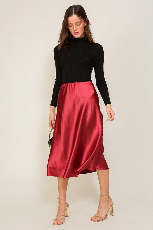 Satin Midi Flare Skirt, Red