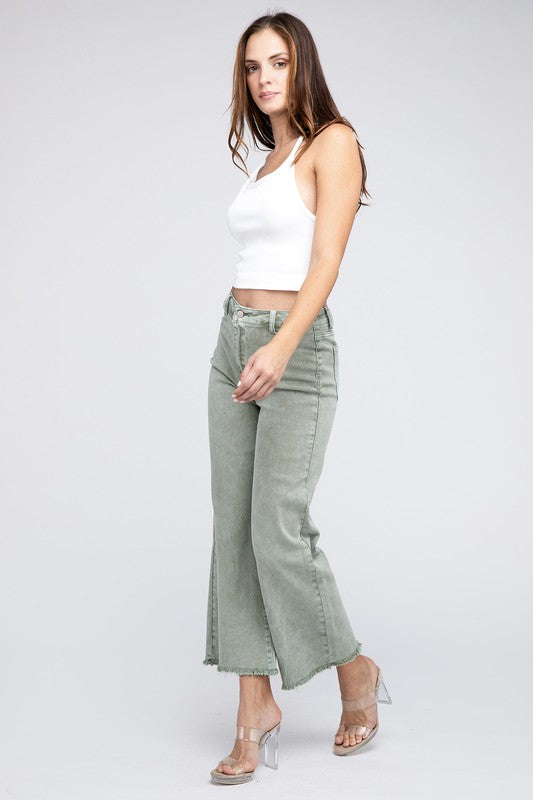 Zenana Acid Wash Colored Straight Wide Leg Jeans with Frayed Cutoff Hem