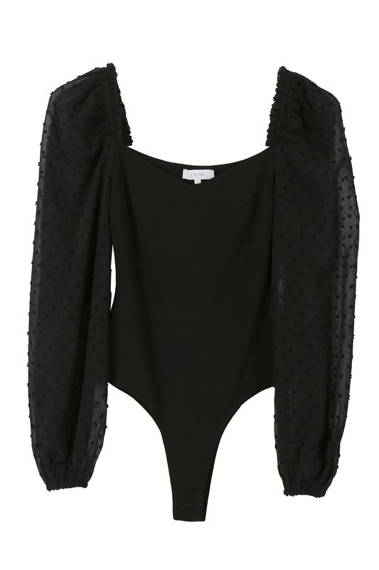 Lilou Swiss Dot Mesh Sleeves Long Sleeve Bodysuit