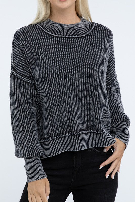 Zenana Washed Side Slit Oversized Cropped Sweater