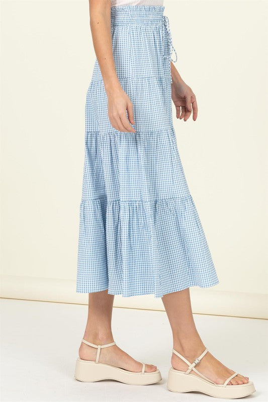 Hyfve Skirt Alert High-Waist Gingham Print Midi Skirt, Blue