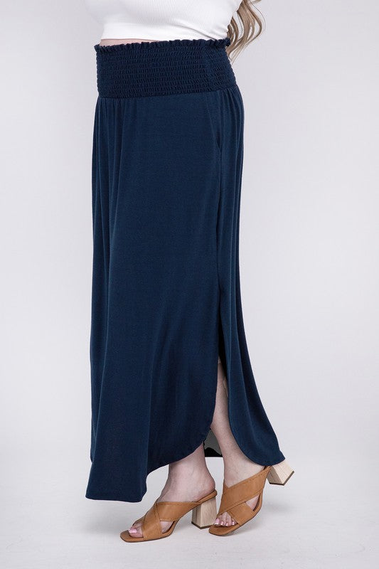 ZENANA Plus Smocked Waist Side Slit Maxi Skirt with Pockets