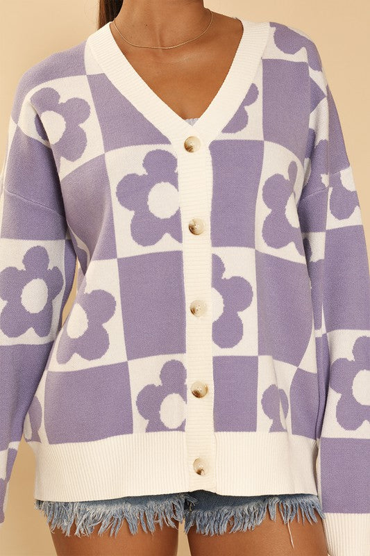 Checkered Flower Knit Cardigan, Purple