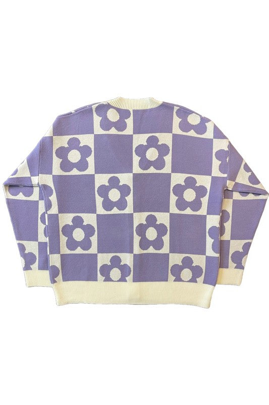 Checkered Flower Knit Cardigan, Purple