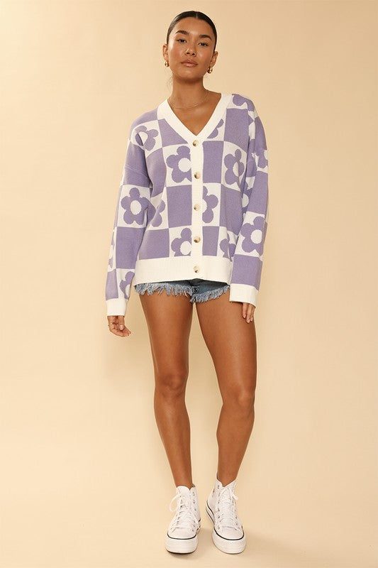 Checkered Flower Knit Cardigan, Purple